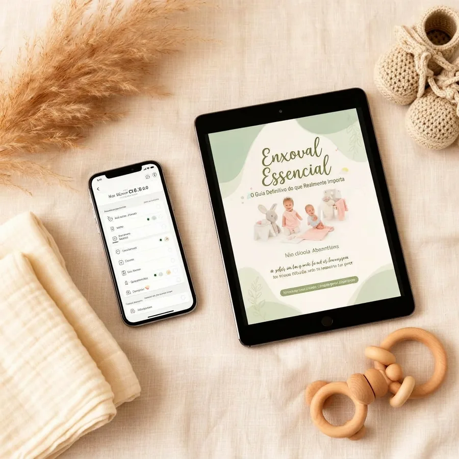 Mockup do guia Enxoval Essencial em tablet e celular